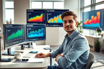 Young professional analyzing SEO traffic growth and higher eCPM results on multiple monitors in a modern daylight office setting