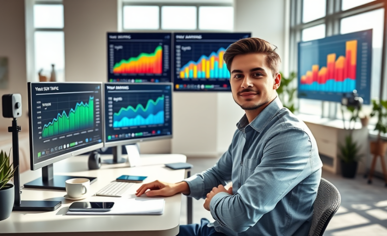 Young professional analyzing SEO traffic growth and higher eCPM results on multiple monitors in a modern daylight office setting