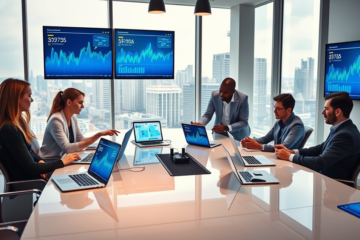Diverse team collaborating in a modern office using laptops and tablets with social media analytics to drive business sales