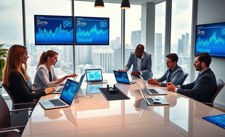 Diverse team collaborating in a modern office using laptops and tablets with social media analytics to drive business sales