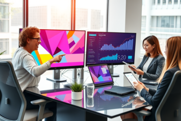 Team of professionals analyzing vibrant attention-grabbing ads and SEO traffic data in a modern office setting for higher eCPM and SEO performance