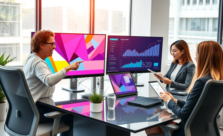 Team of professionals analyzing vibrant attention-grabbing ads and SEO traffic data in a modern office setting for higher eCPM and SEO performance