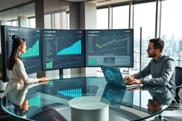 Diverse professionals analyzing digital campaign analytics with SEO and eCPM data on multiple monitors in a modern, sunlit office