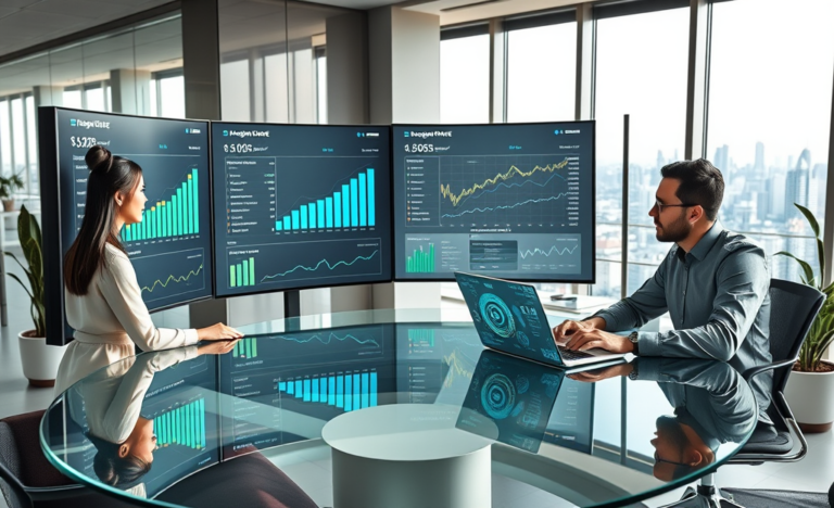Diverse professionals analyzing digital campaign analytics with SEO and eCPM data on multiple monitors in a modern, sunlit office