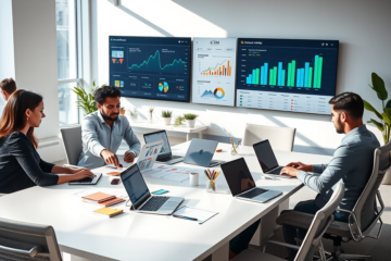 Professionals collaborating in a modern office with laptops and digital tools analyzing content marketing lead generation, SEO, and eCPM data