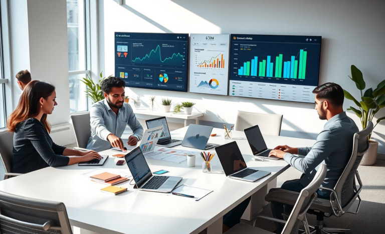 Professionals collaborating in a modern office with laptops and digital tools analyzing content marketing lead generation, SEO, and eCPM data