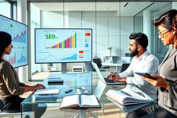 Diverse marketing team collaborating on digital marketing strategy with SEO analytics in a bright modern office setting
