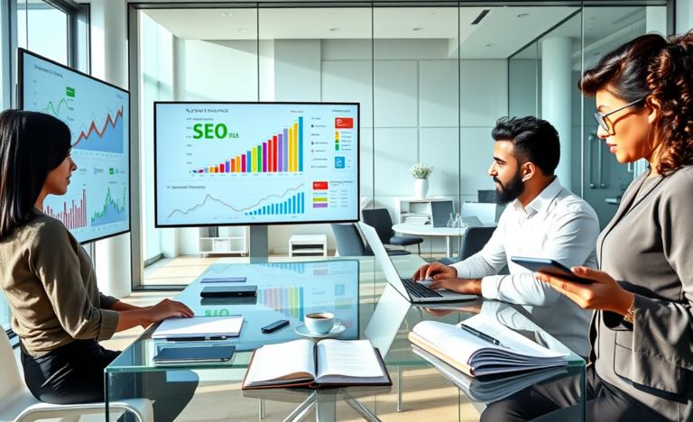 Diverse marketing team collaborating on digital marketing strategy with SEO analytics in a bright modern office setting