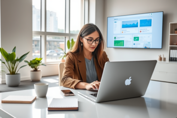 Young woman working at a bright modern office desk analyzing SEO analytics and keyword data on a laptop and digital screen