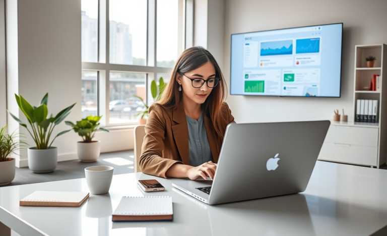 Young woman working at a bright modern office desk analyzing SEO analytics and keyword data on a laptop and digital screen
