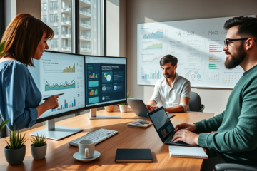 Diverse team collaborating in modern office using monitors and digital tools to develop SEO marketing strategies for higher eCPM and better traffic