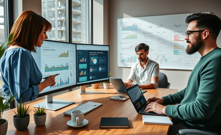 Diverse team collaborating in modern office using monitors and digital tools to develop SEO marketing strategies for higher eCPM and better traffic