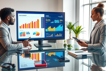 Three professionals collaborating in a modern office around a glass table with SEO and eCPM analytics on computer monitors for digital marketing services
