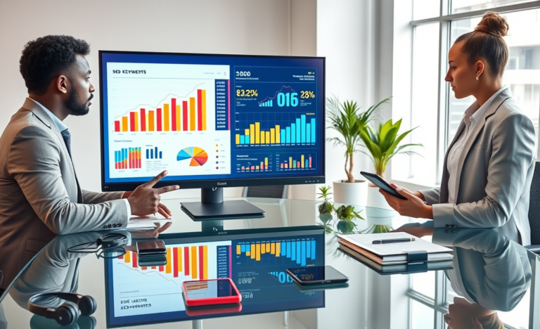 Three professionals collaborating in a modern office around a glass table with SEO and eCPM analytics on computer monitors for digital marketing services